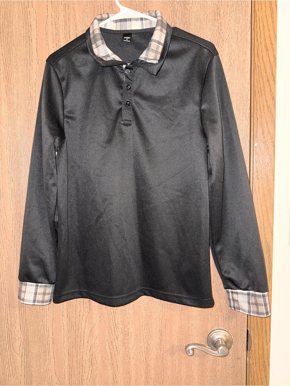 SHEIN Black Long Sleeve Polo with Plaid Trim